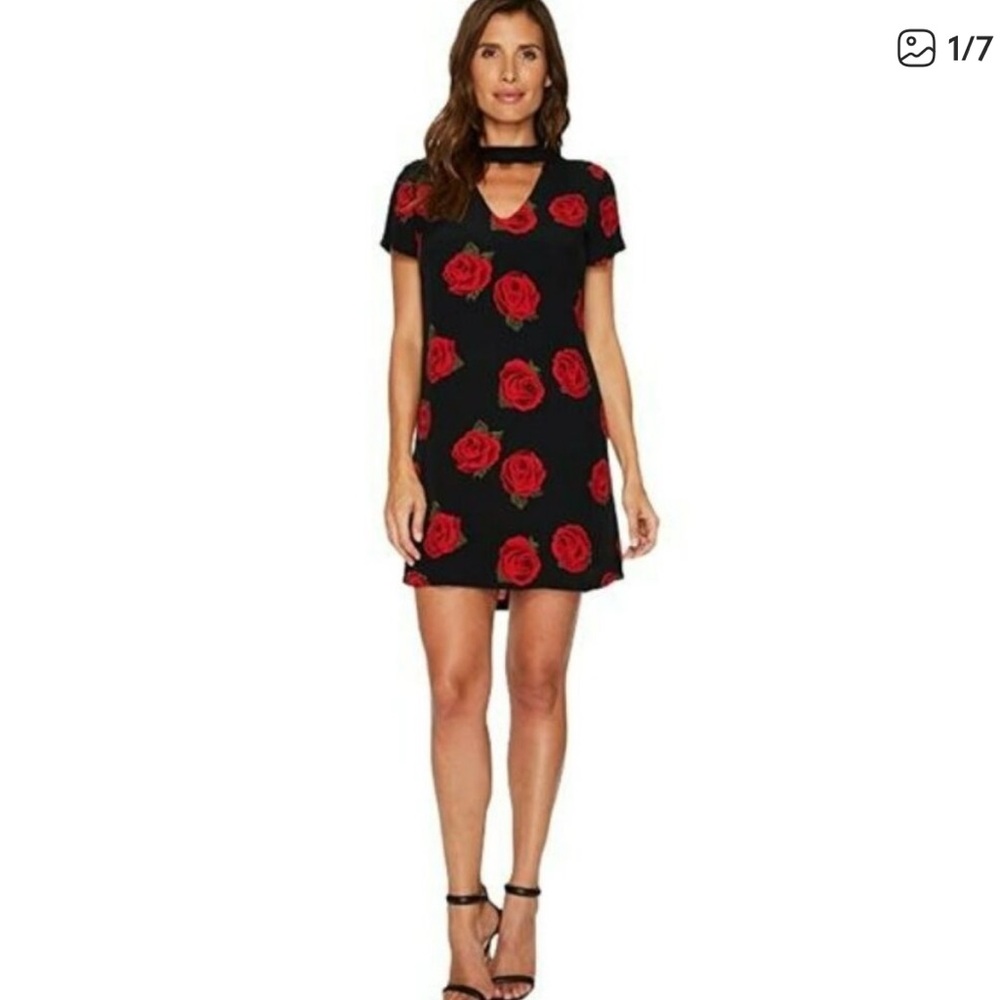 Sanctuary Madeline Rose Print Sleeve Dress Black Red Size Large